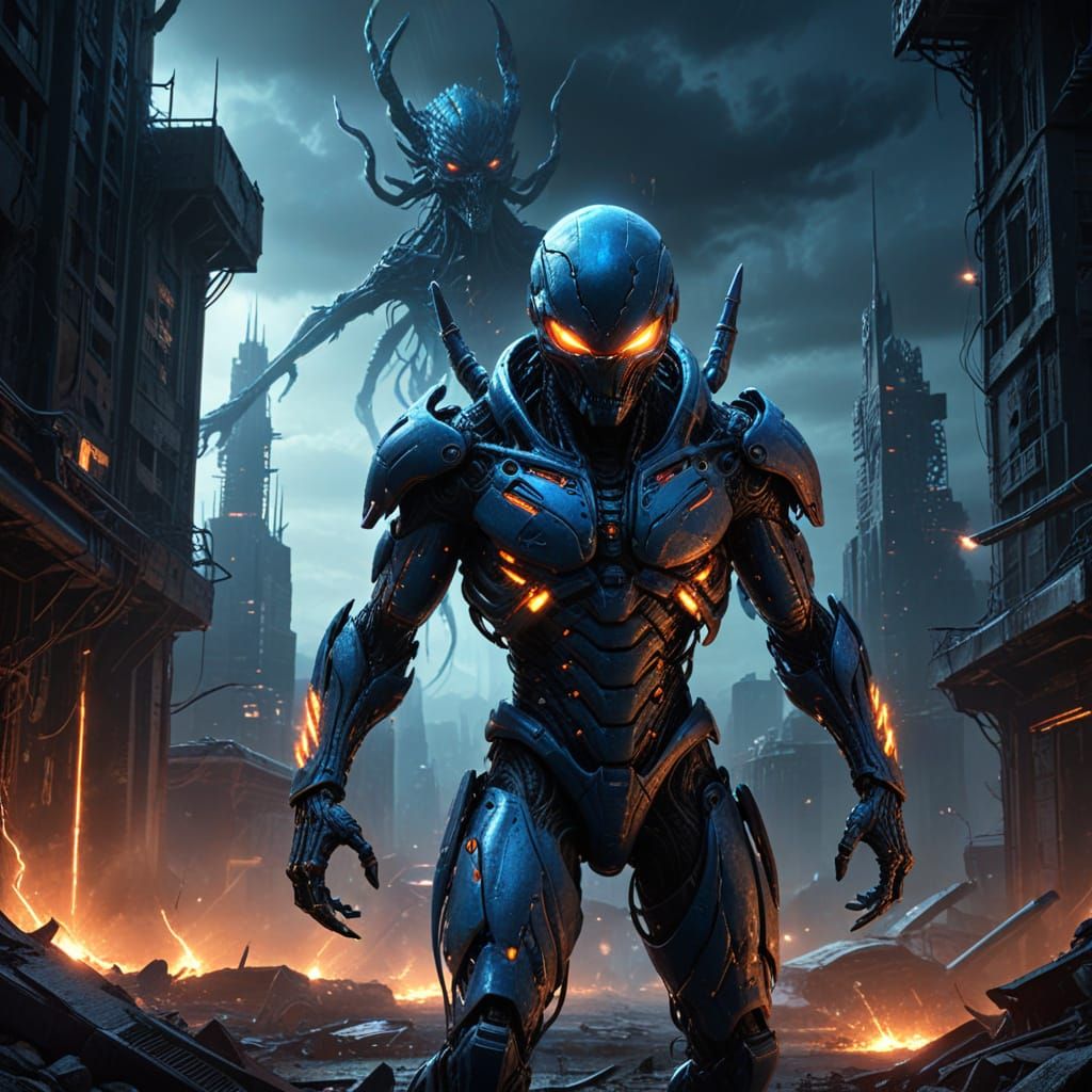 Biomechanical Alien Warrior in Apocalyptic Cityscape