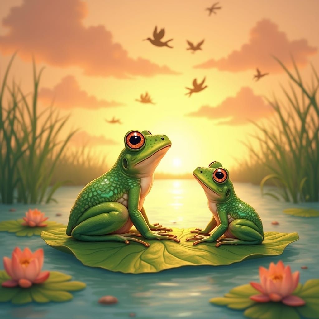 Tiny Green Frog in Whimsical Sunset Scene
