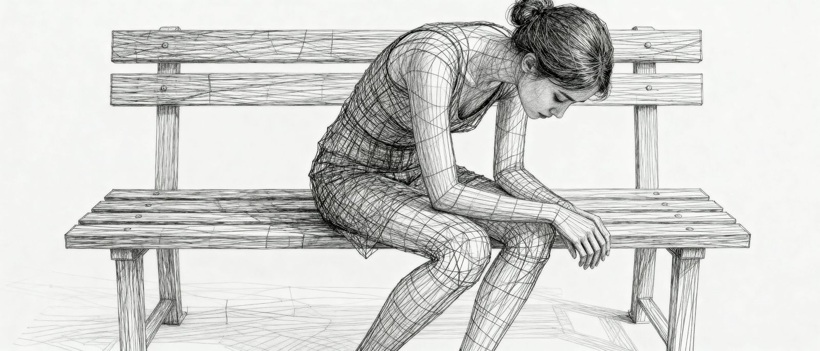 Wire Figure Woman Sitting on Bench