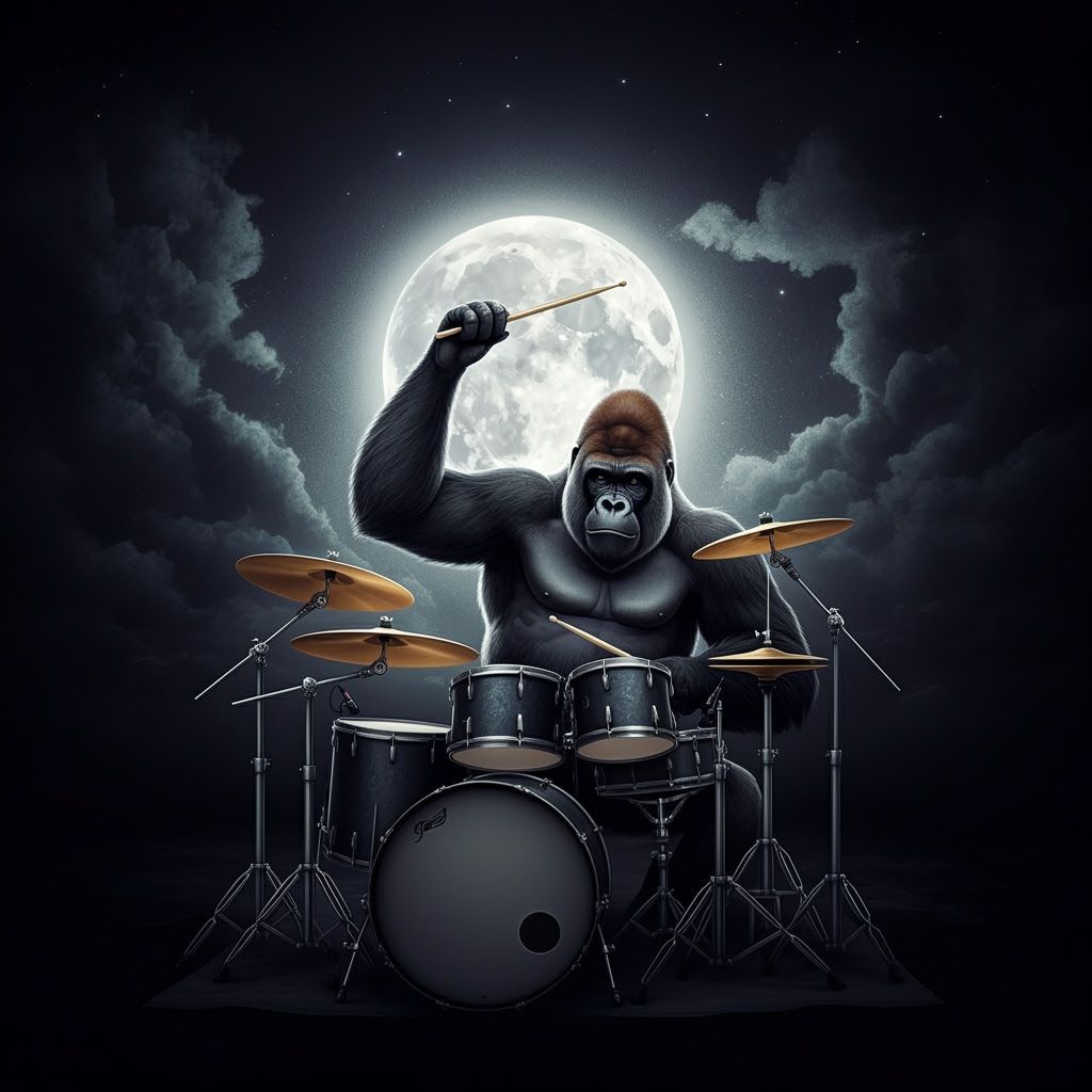 Gorilla Drummer Rocks Out Under Full Moon