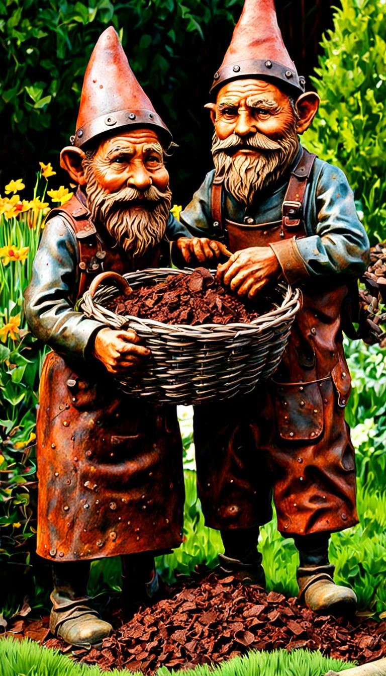 Rusty Gnomes Hauling Compost in Spring Light