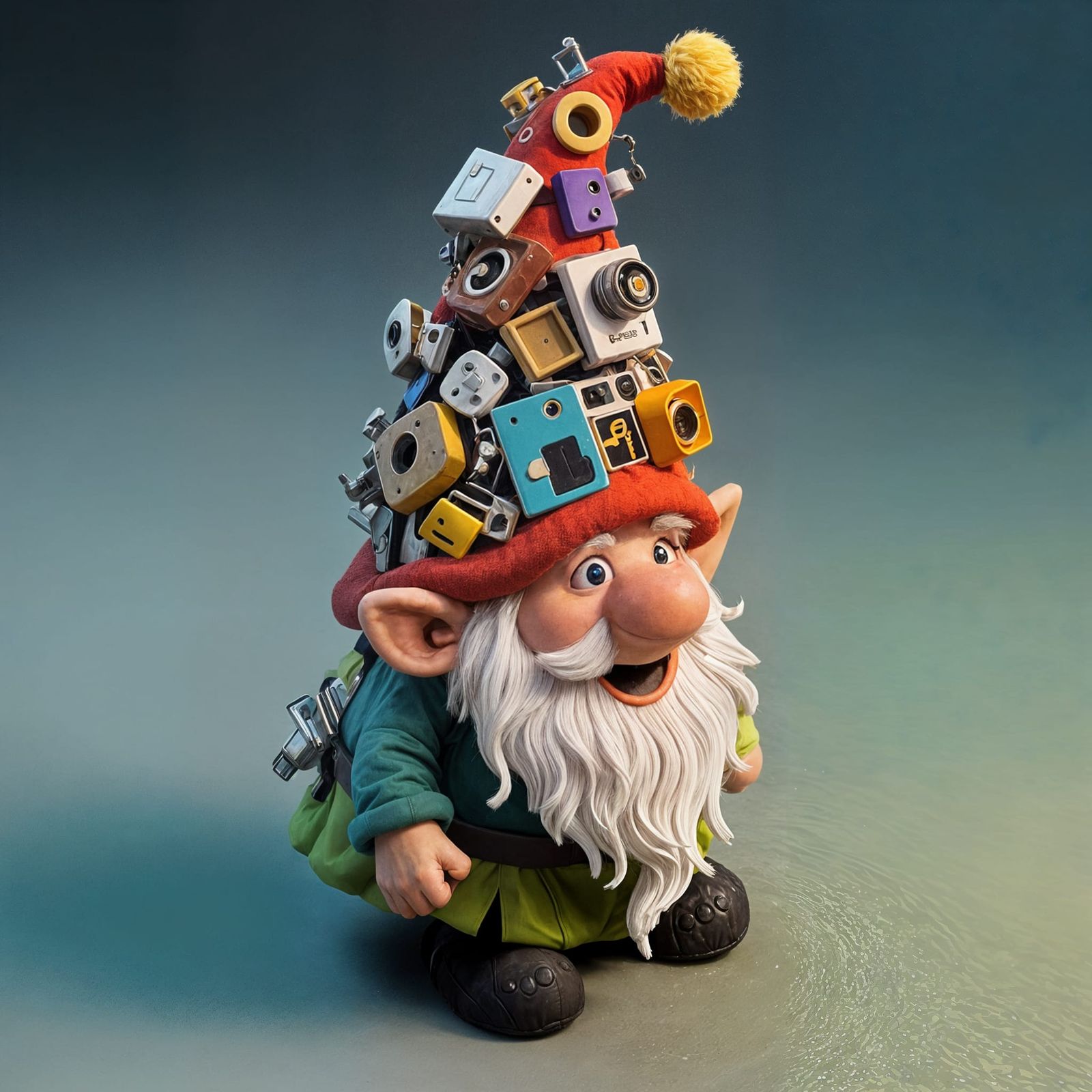 Goofy Gnome With Junk Hat Hoarding Treasures
