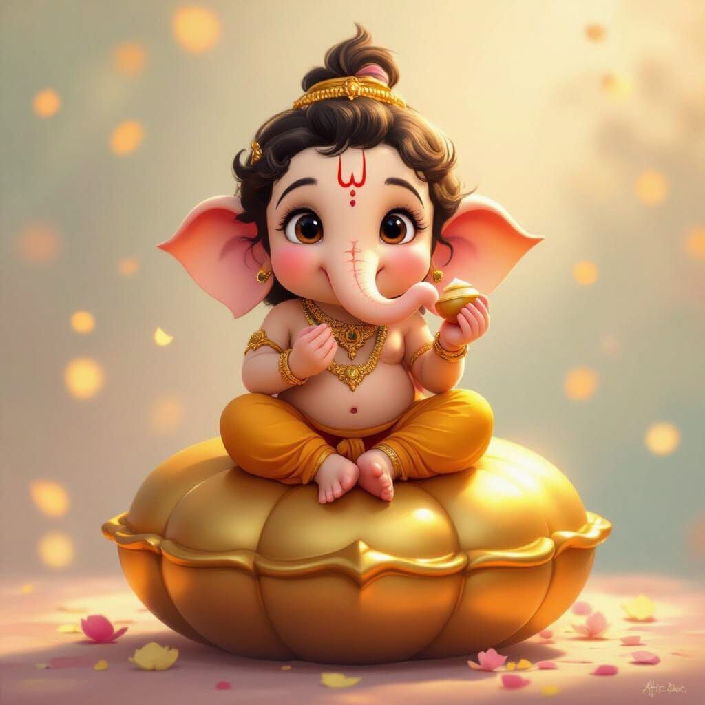 Bal Ganesh on Golden Modak in Animated Style