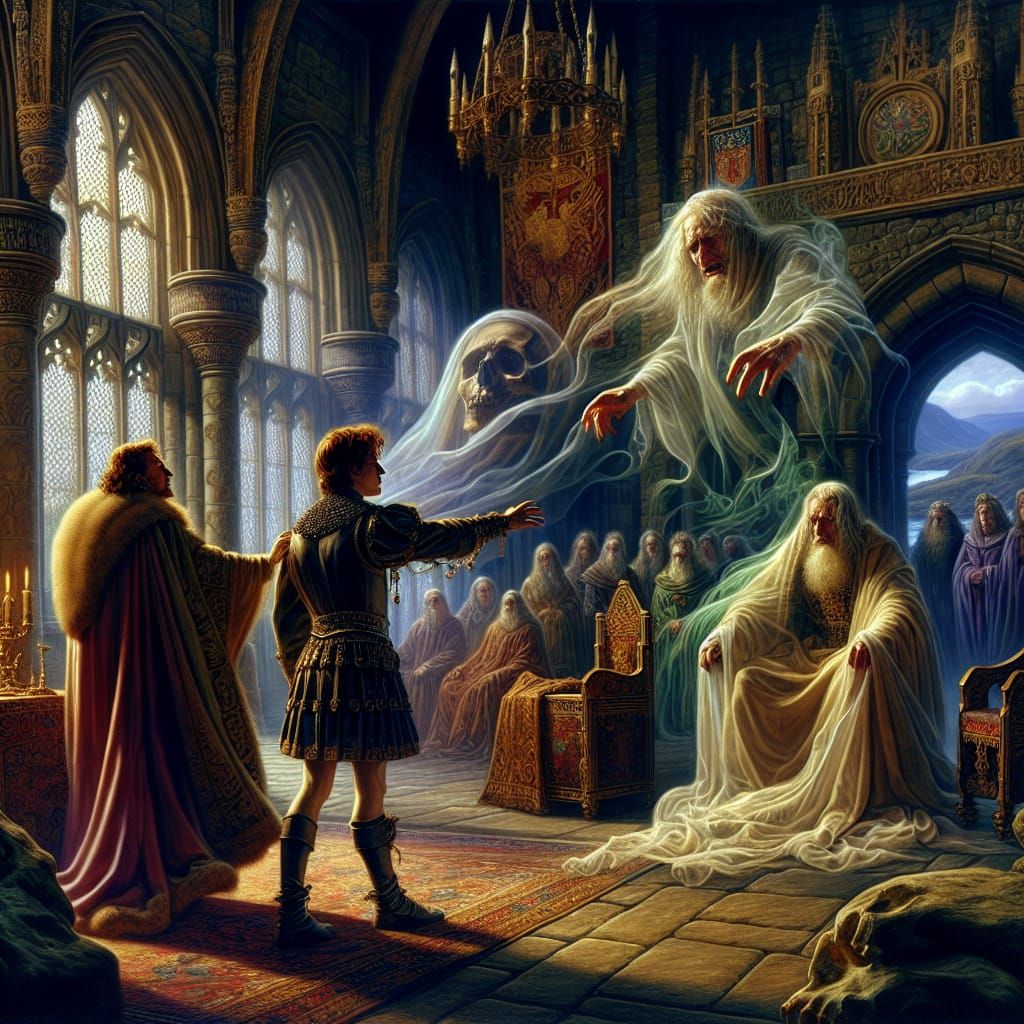 Macbeth Confronted by Banquo's Ghost in Scottish Castle