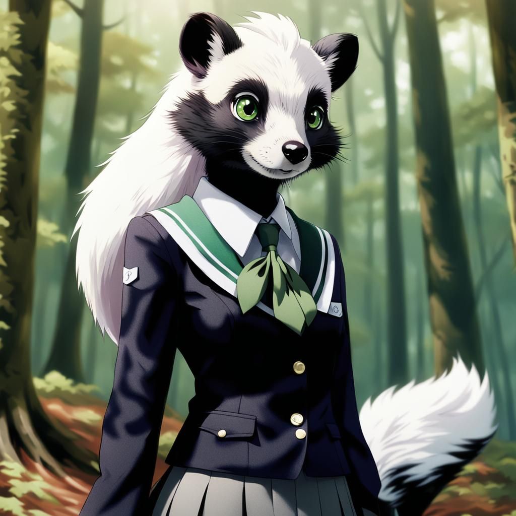 Anime Skunk Girl in Forest, Vibrant Colors