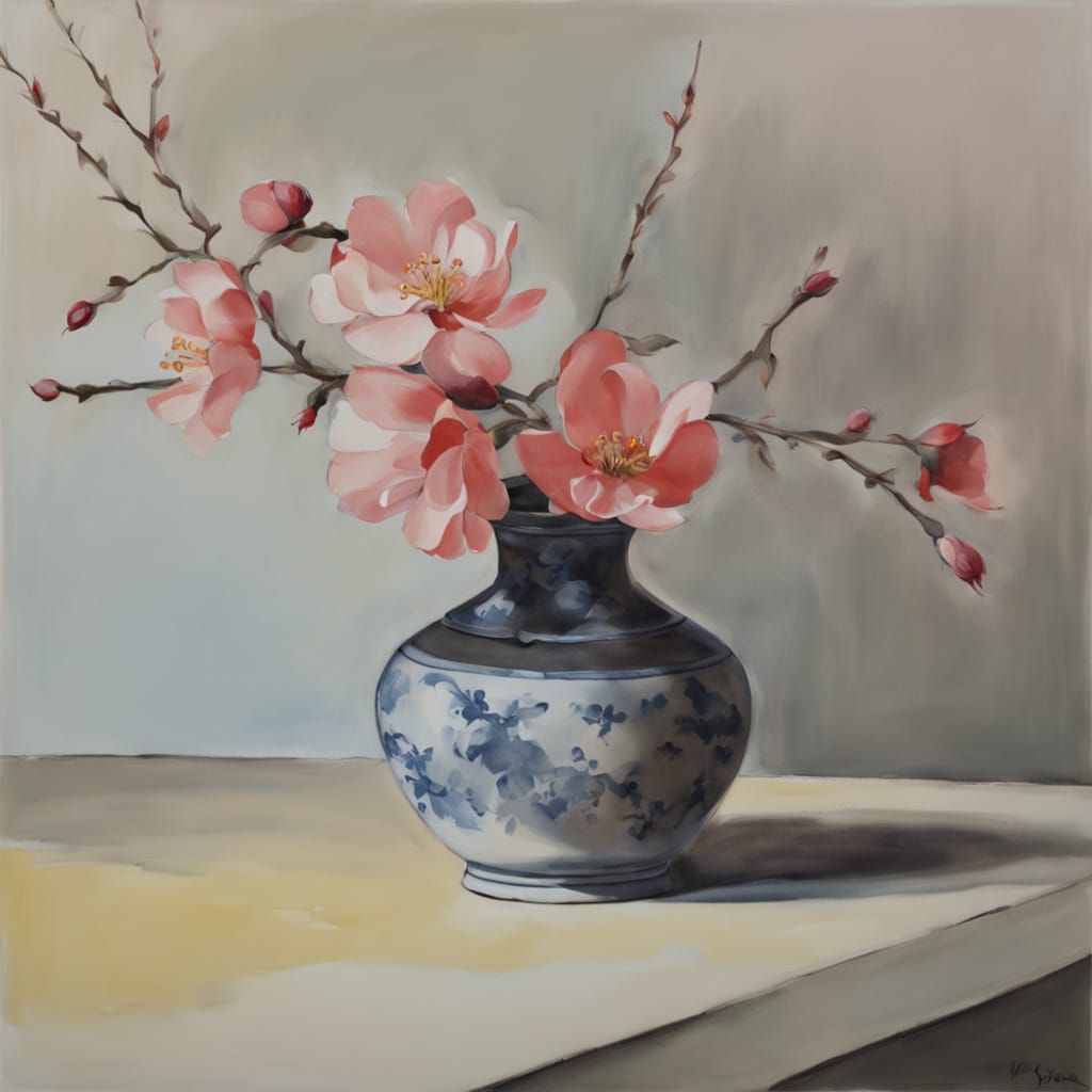 Minimalist Ink Wash Painting of a Vase with Blossom