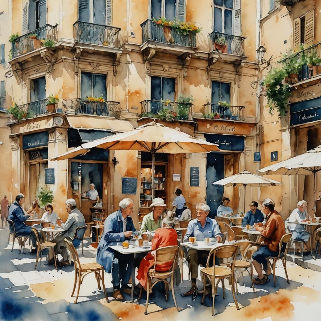 Friends Enjoying Coffee in Rome: Watercolor Painting