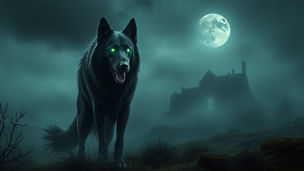 Spectral Hound with Glowing Eyes in Dartmoor Landscape