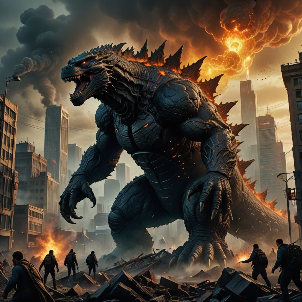 Godzilla vs the Smog Monster in a Toxic Cityscape