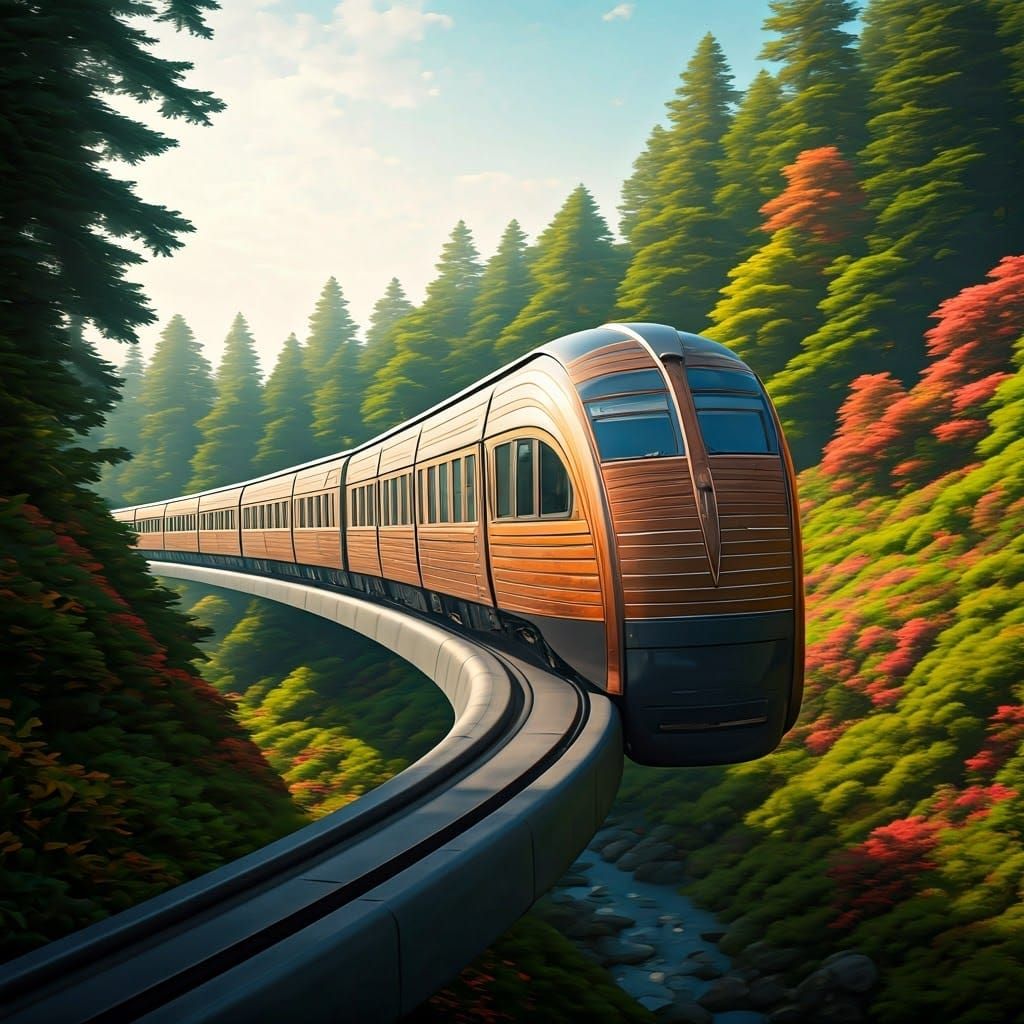 Solarpunk Maglev Train in Vibrant Verdant Landscape