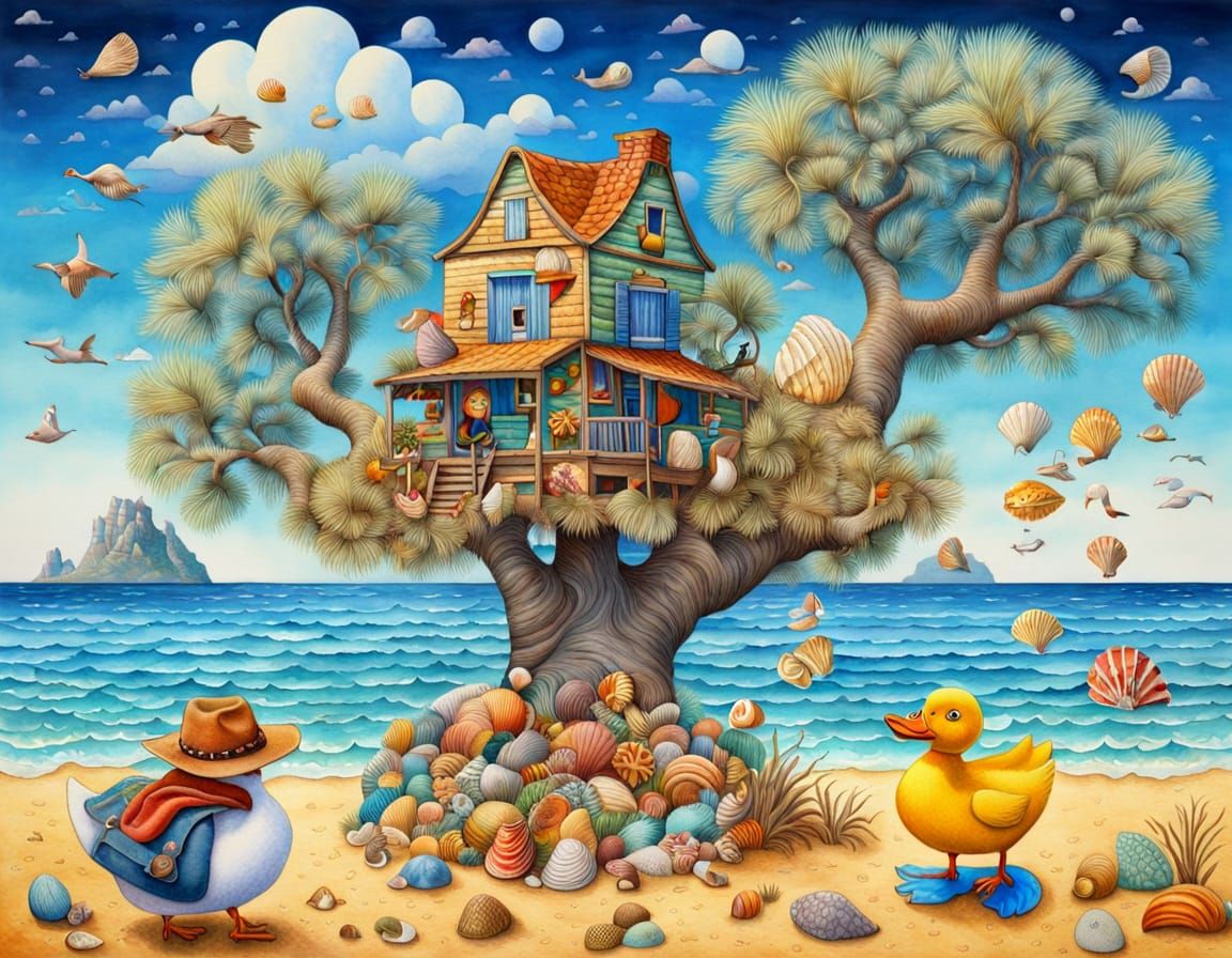 Cowboy's Beach Holiday with Duck: Watercolor Art