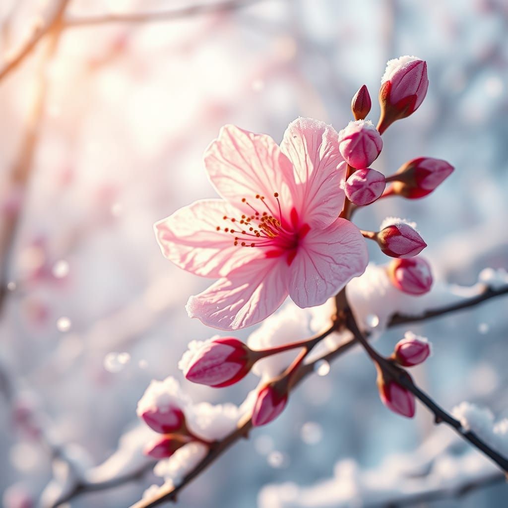 Sakura Blooms in Winter Snow: Hyperrealistic Splash Art