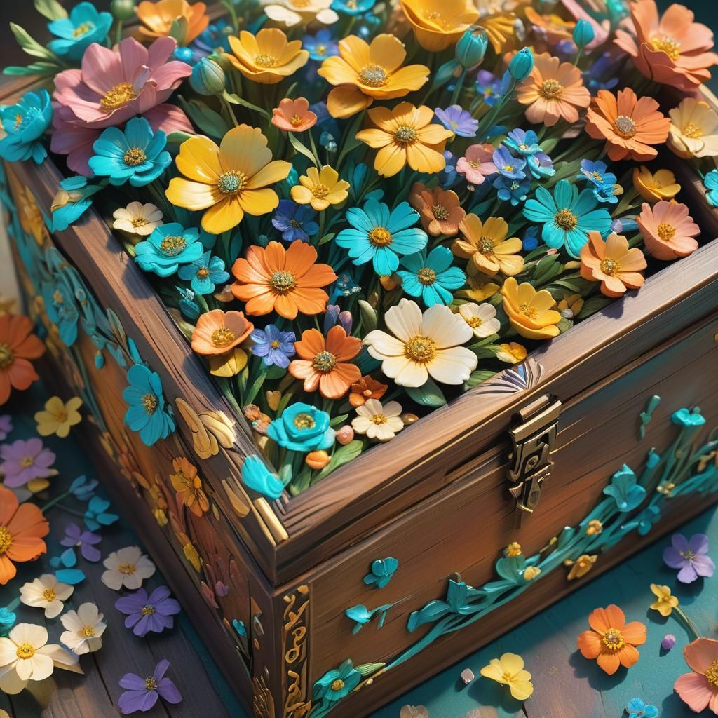 Blooming Flowers Overflowing from Wooden Box
