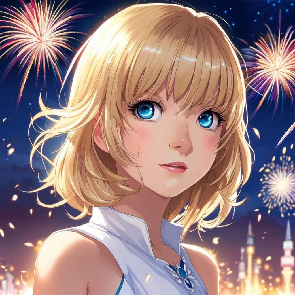 Anime Girl with Fireworks, Detailed Portrait