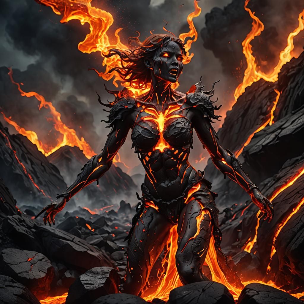Lava Angel Crawling on Volcanic Rock in Digital Art