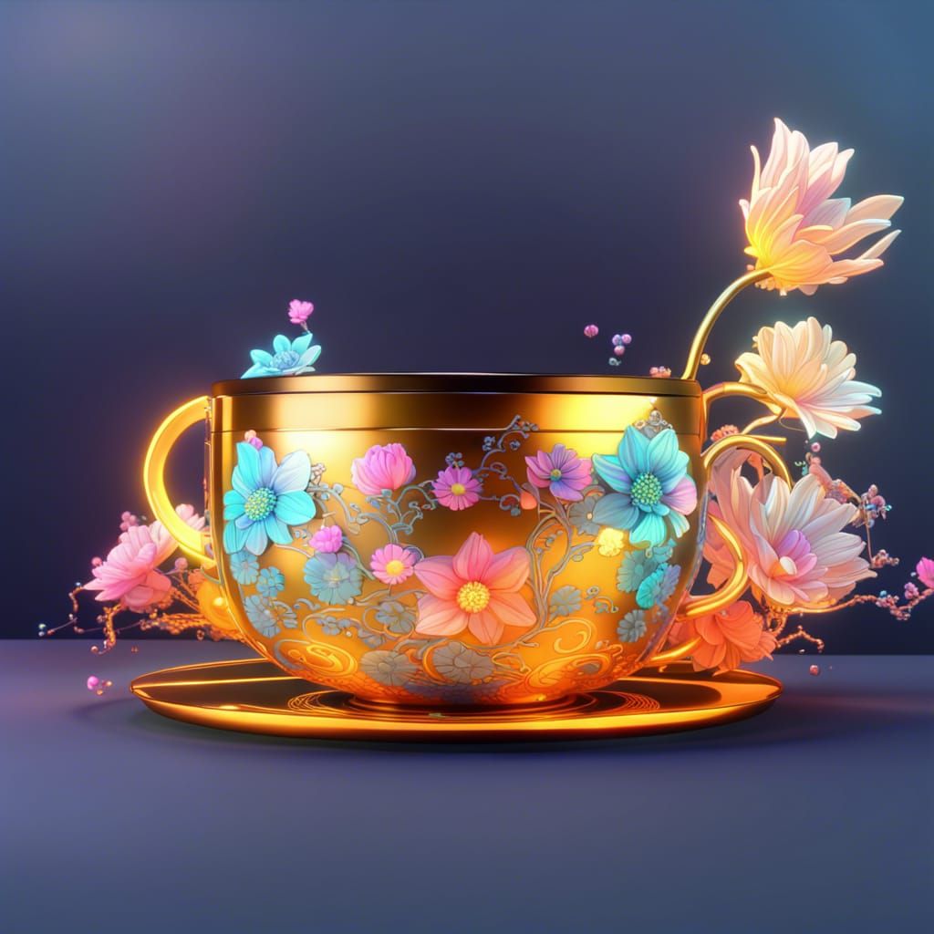 Neon Teacup with Vaporwave Cyberpunk Flowers