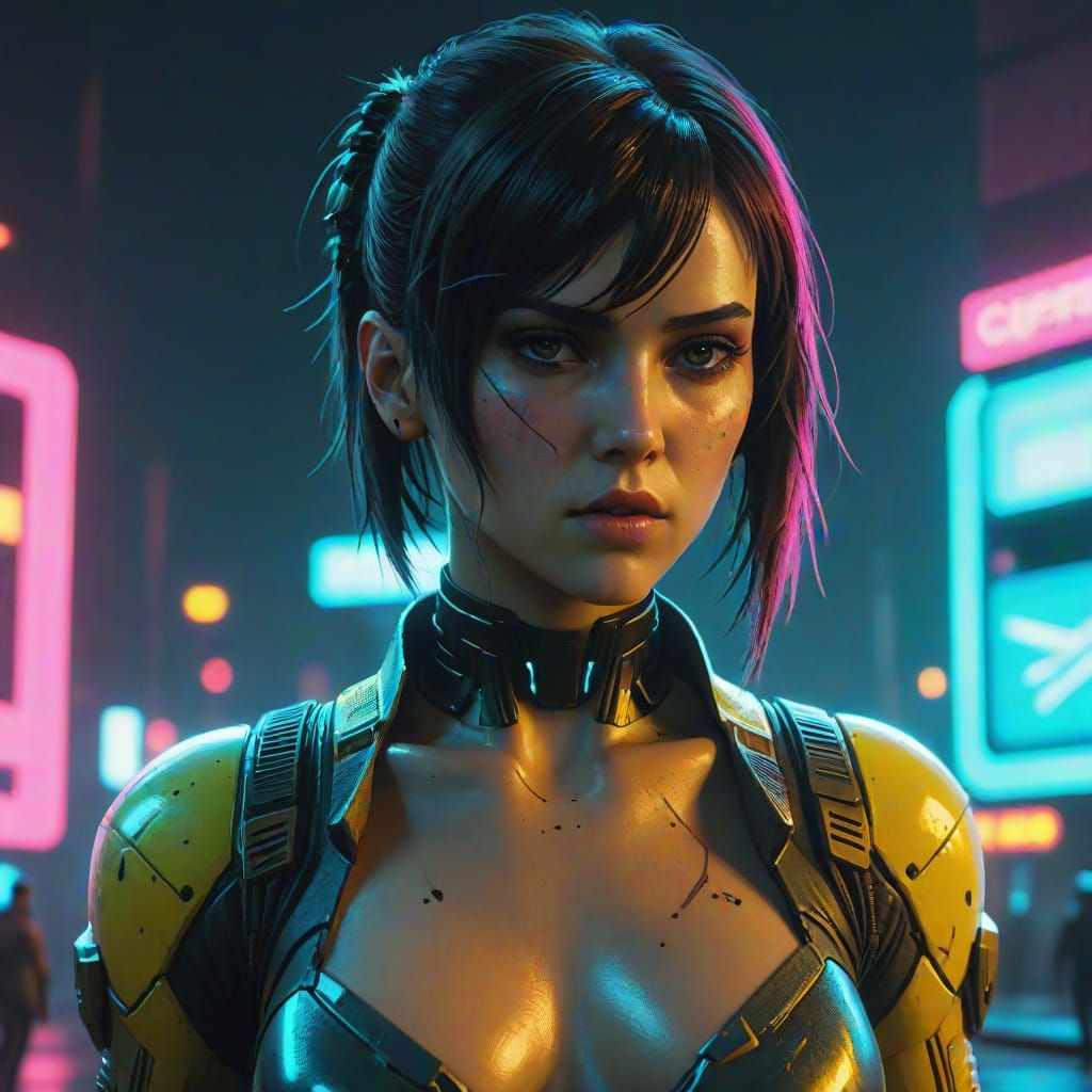 Beautiful Woman Glitching in Cyberpunk City