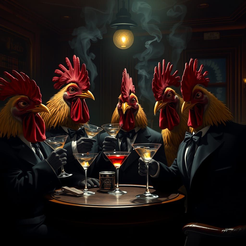 Dapper Rooster Society Plotting Heist in Noir Style