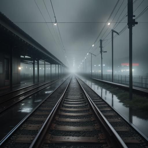 Rainy Dusk on a Deserted Railway Platform