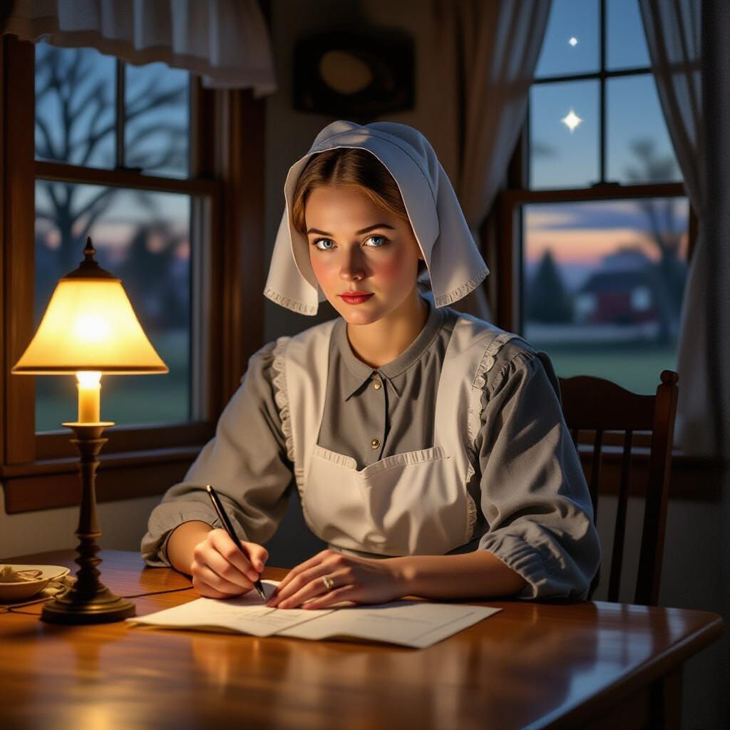 Amish Woman Writing Letter by Kerosene Lamp