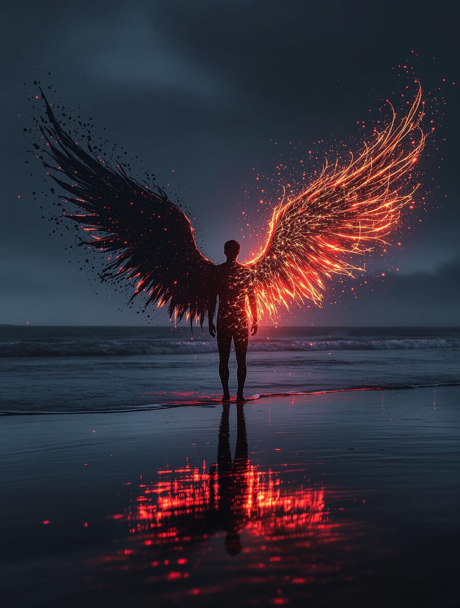 Ethereal Figure with Asymmetrical Wings on Beach
