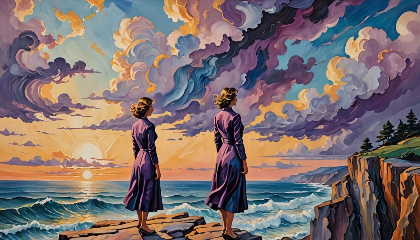 Surreal Woman on Cliff Edge in Fauvist Style