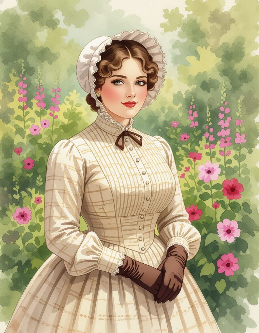 Victorian Woman in Botanic Garden Watercolor Illustration