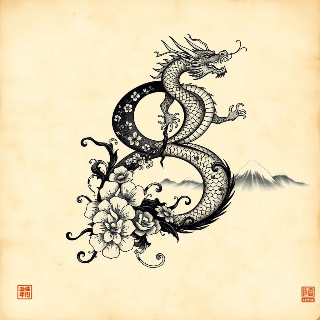 Elegant Sumi-e-Inspired Dragon Dance Amidst Traditional Asia...