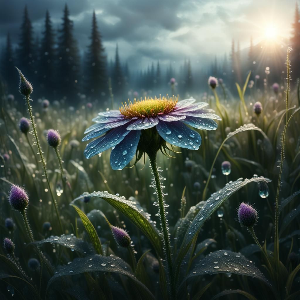 Dewy Flower in Meadow: Digital Matte Painting