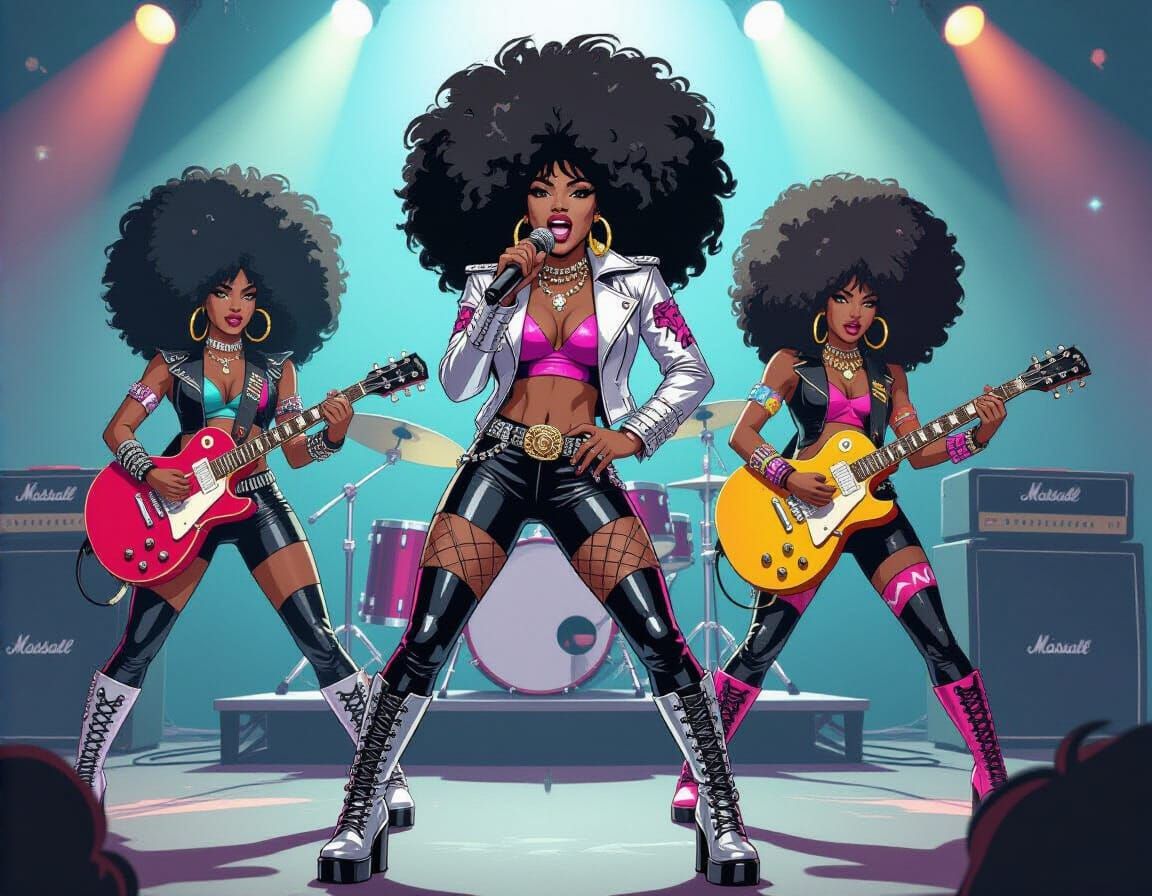 Hair Metal Band of Black Women in 80's Cartoon Style