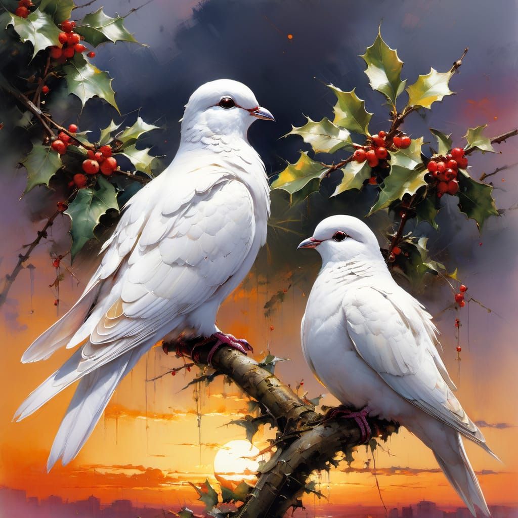 Doves in a Dramatic Sunset Landscape