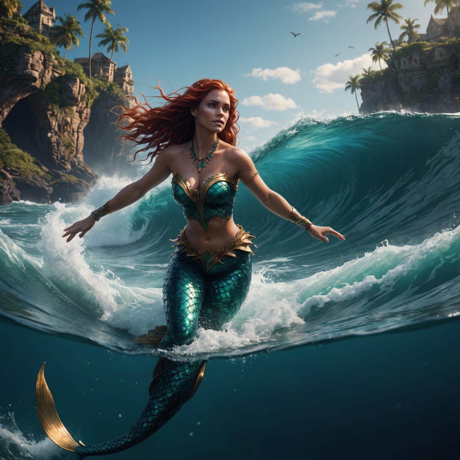 Mermaid Bodysurfing: Detailed Fantasy Concept Art