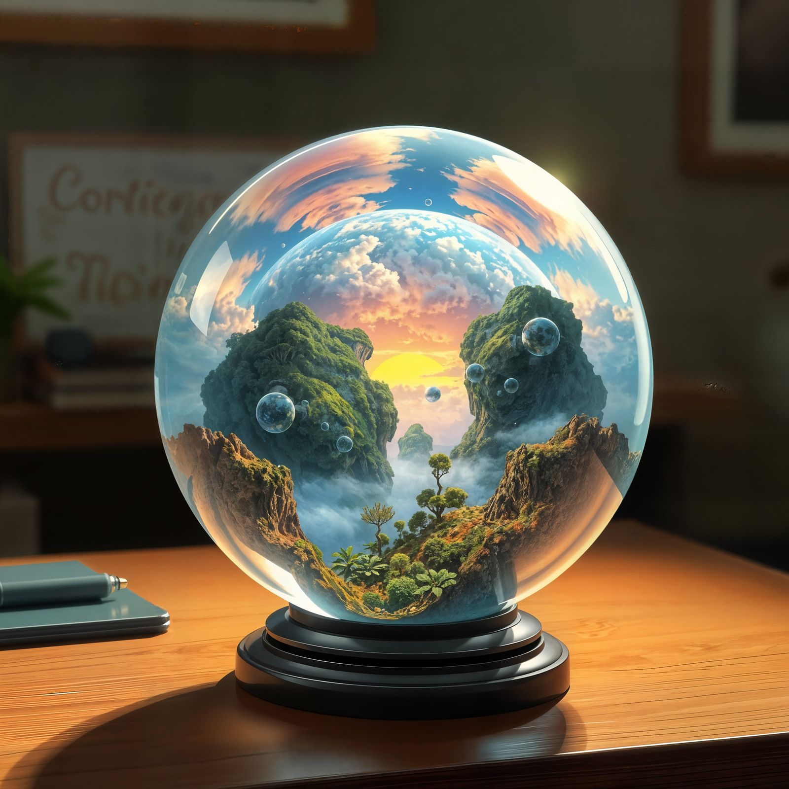 Lush Planet Encased in Crystal Ball on Desk