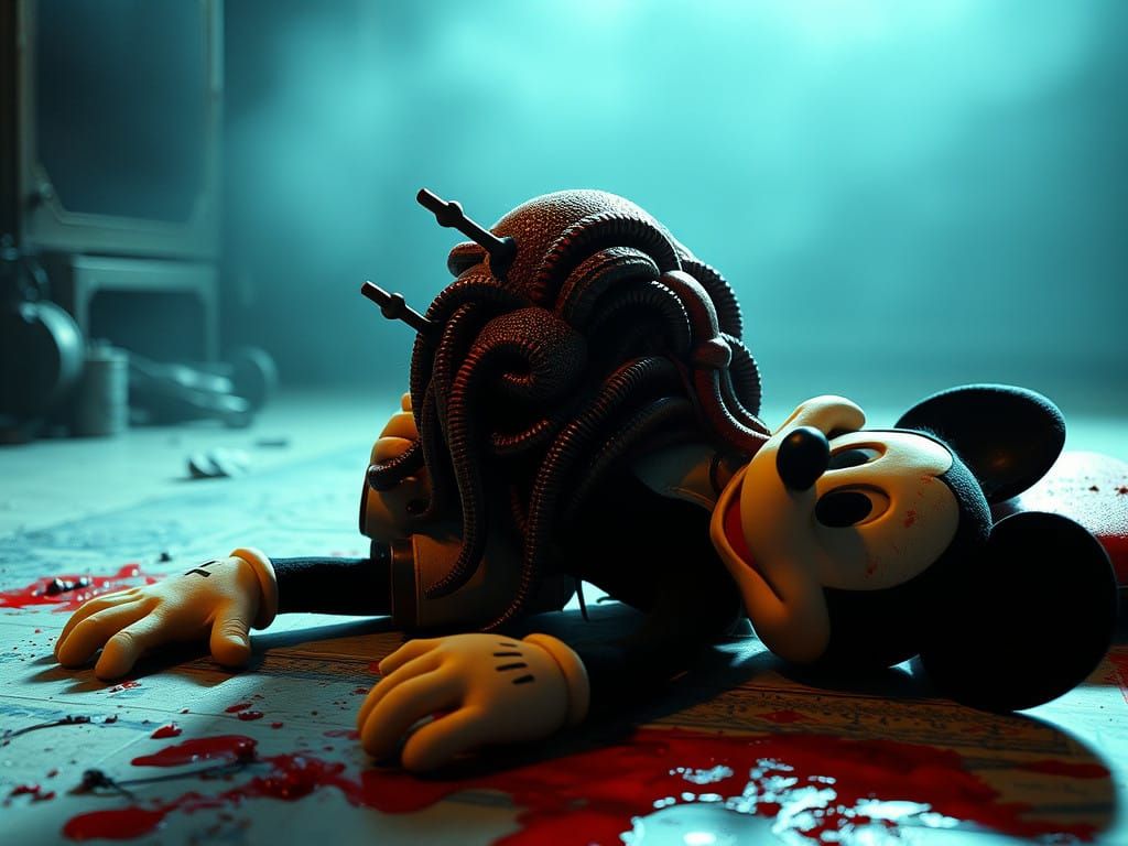 Surreal Brutalist Nightmare: Mickey Mouse Confronts Xenomorp...