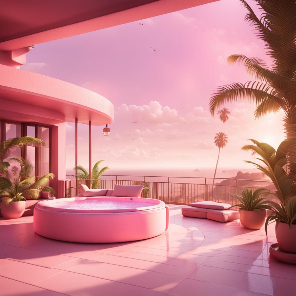 Light Pink Terrace with Palm Tree: 3D Digital Art