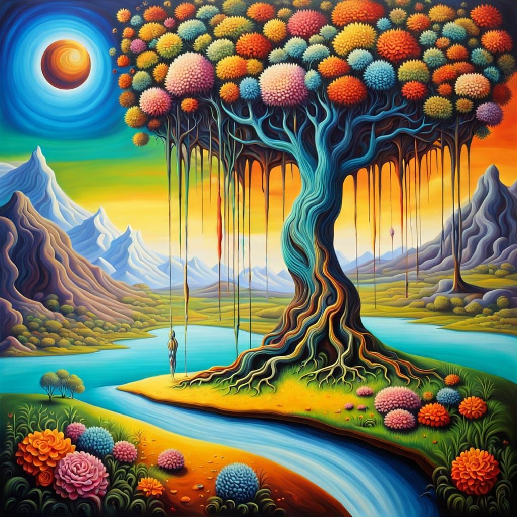 Surreal Tree Flower Blossoms in Utopian Landscape