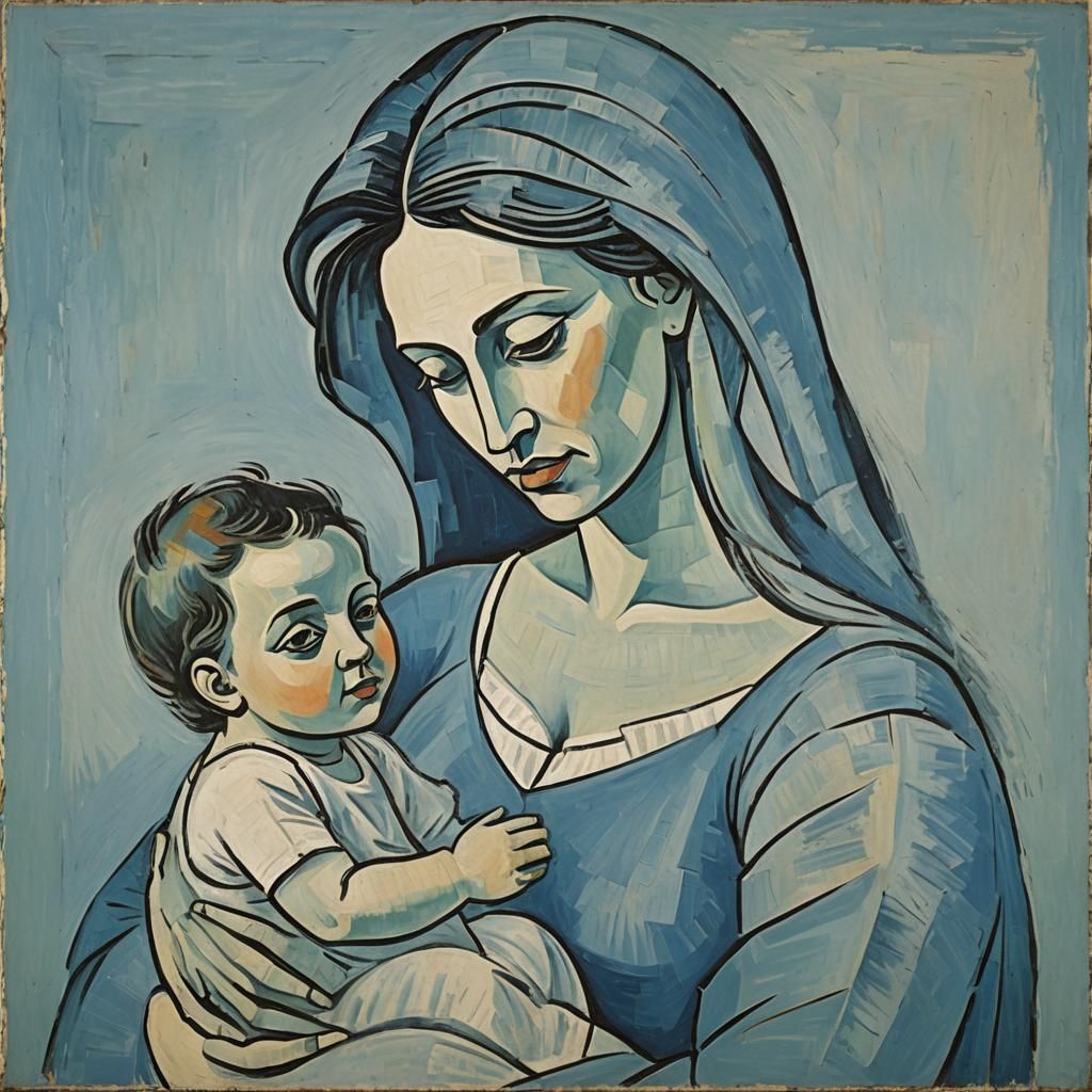 Mother and Baby in Blue Period Style