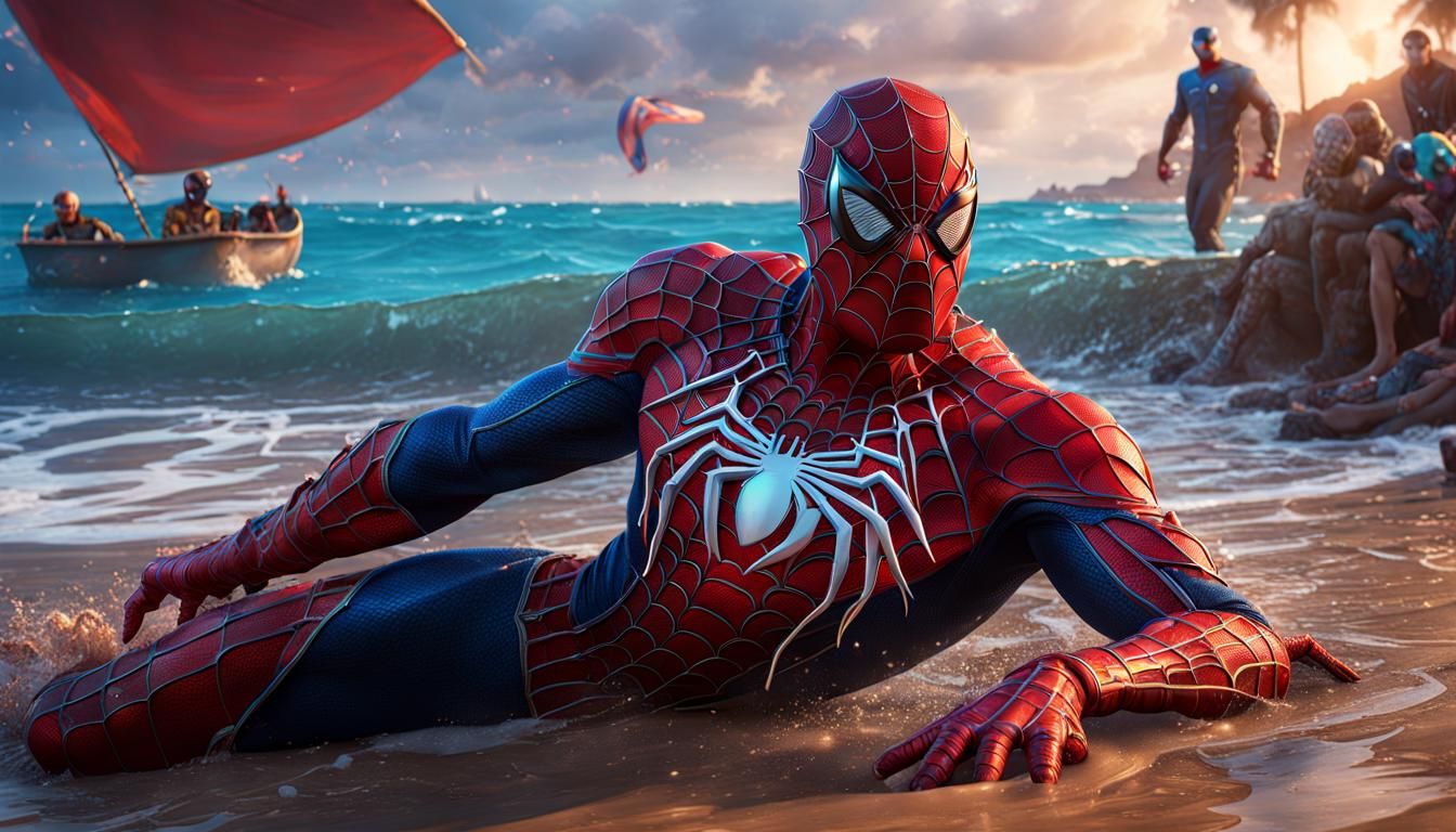 Spiderman chilling at beach party
