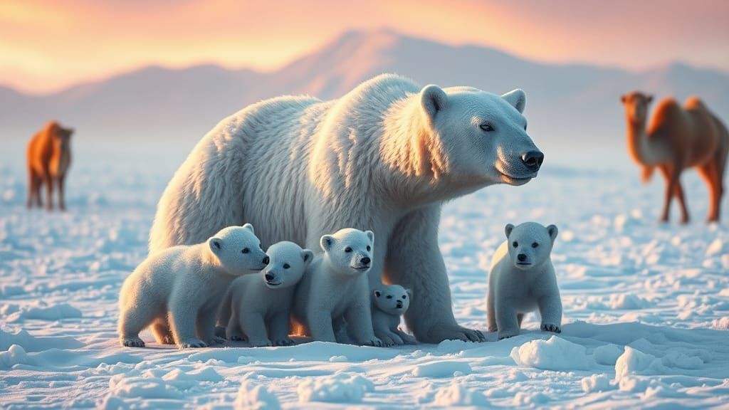 Serene Mother Bear and Cubs in Icy Landscape