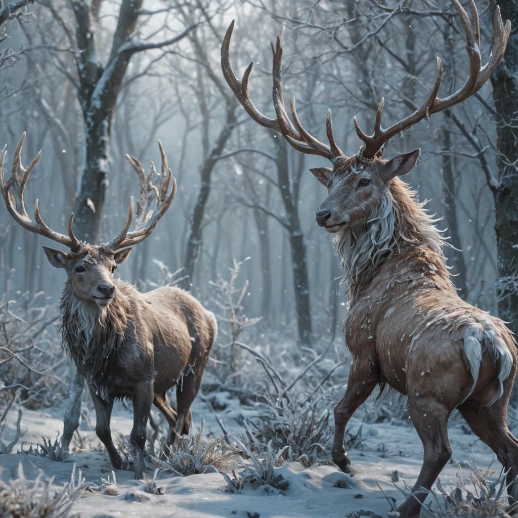 Frostwood Fauns: Creatures with frost-kissed antlers and fur...