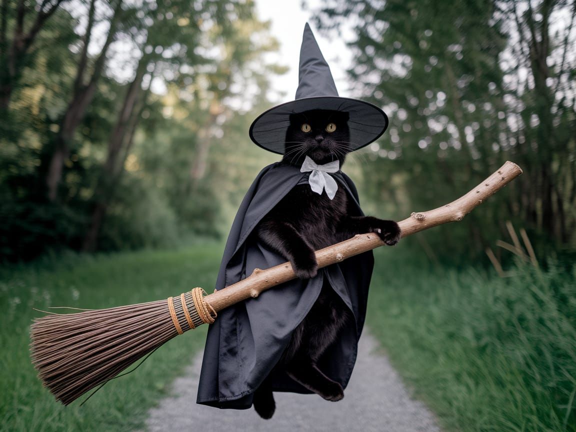 Black Cat Witch Riding Broomstick - Art Nouveau Style