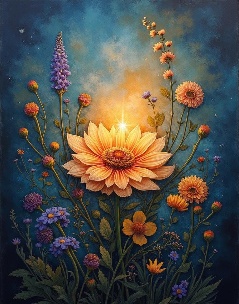 Bright Flowers and Word Art on Parchment