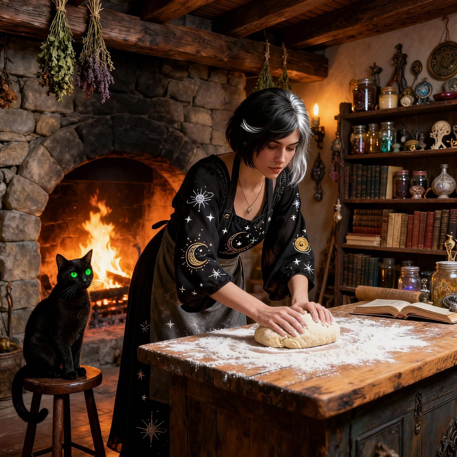 Witchy Baker Kneading Dough in Cottage Kitchen