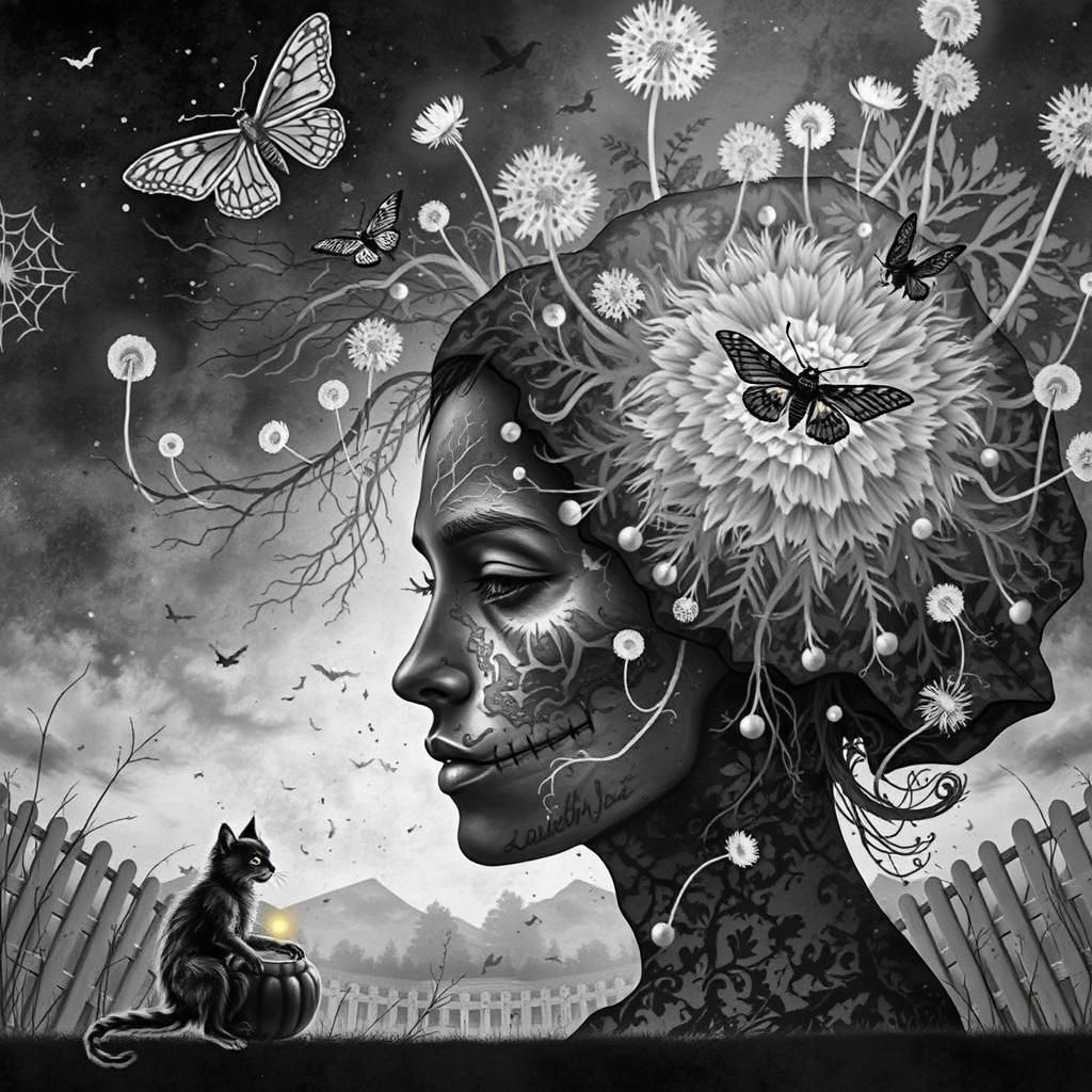 surreal autumn  ,  ghostly Halloween , highly  detailed  drawing  a   sugar skull death moth, 
black cat,  Jack O lanter...