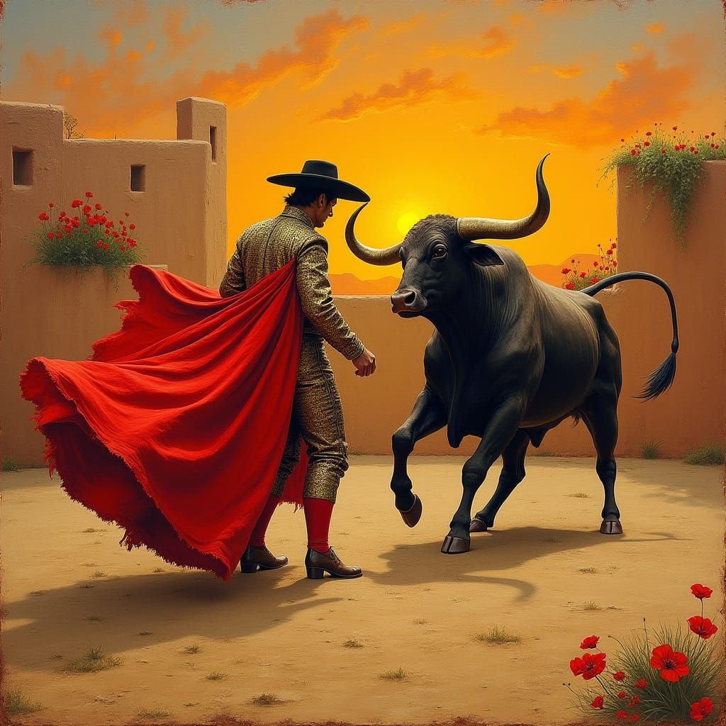Torero Confronts Bull in Desert Arena: Impressionist Style