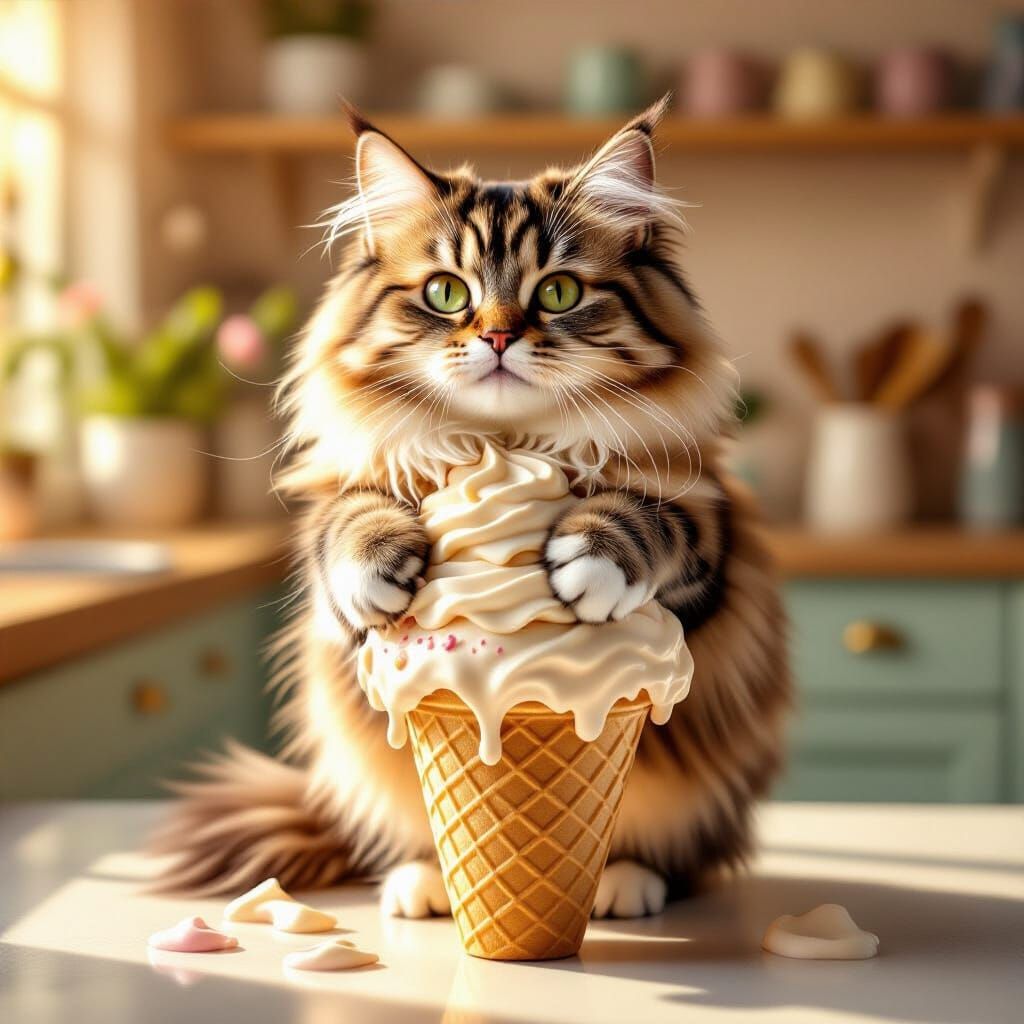 Cat Climbing Melting Chocolate Ice Cream Cone