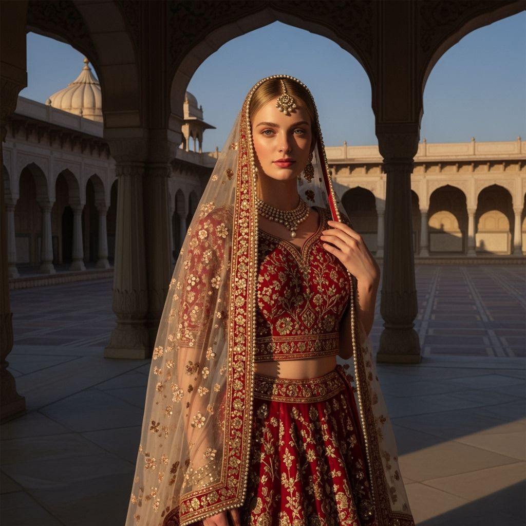 European Woman in Embellished Lehenga with Veil at Dusk