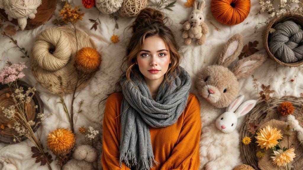 Tranquil Woman with Yarn and Rabbits