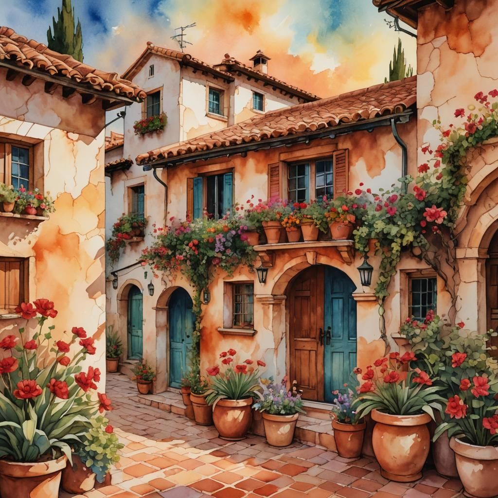 Spanish House in Alcohol Ink Illustration Style