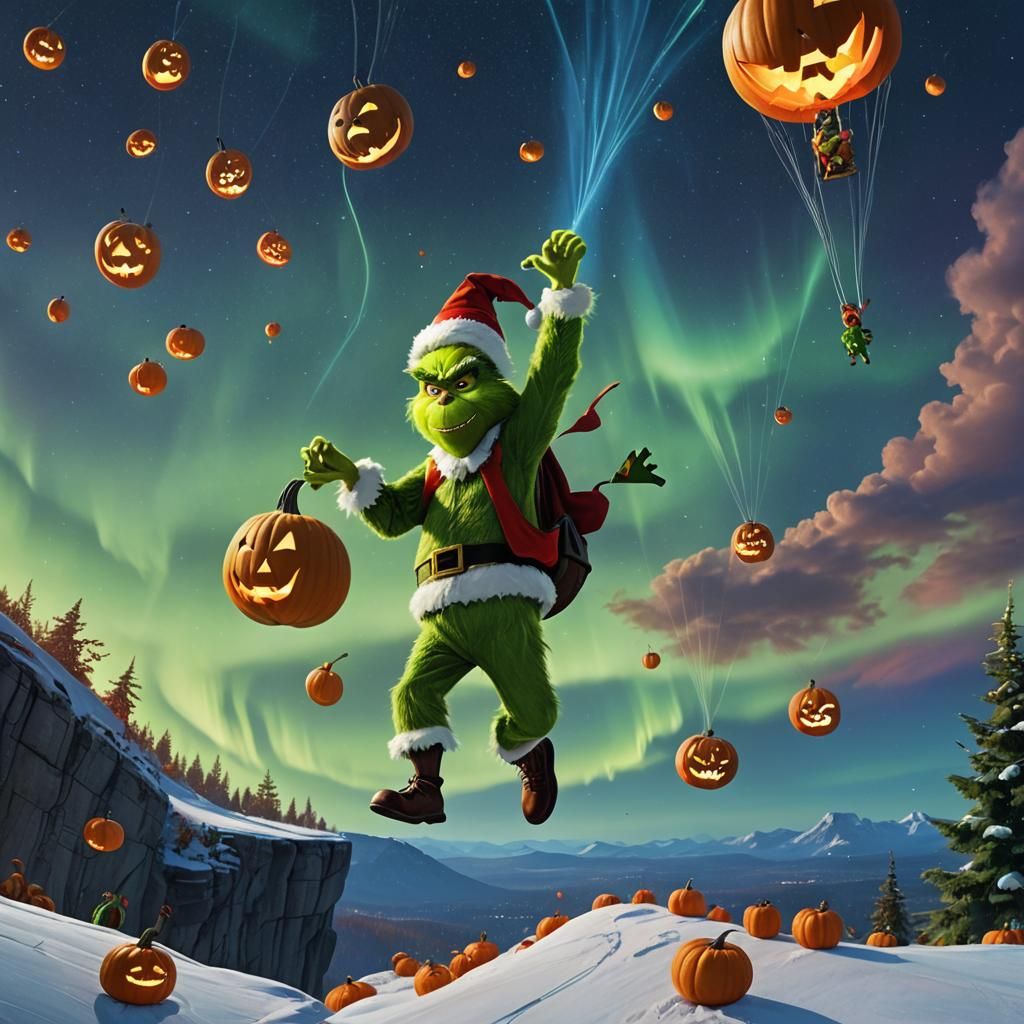 Grinch Skydiving with Pumpkins Under Northern Lights